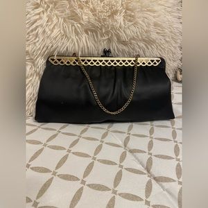 VTG  CLUTCH BAG Black Satin  Gold Chain Gold Ornate Trim Old Hollywood Evening